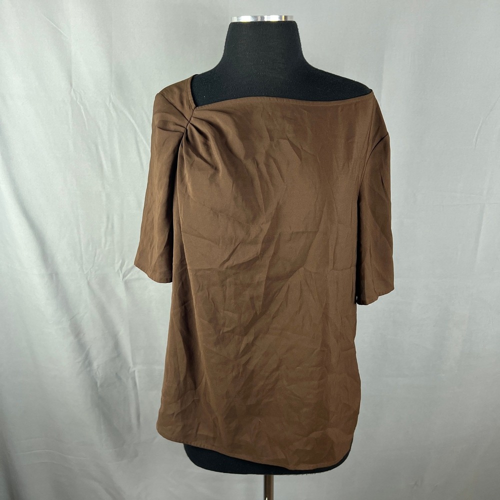 Alex Marie Blouse Top Womens Large Brown Stretch Pleated Asymmetrical Shoulder